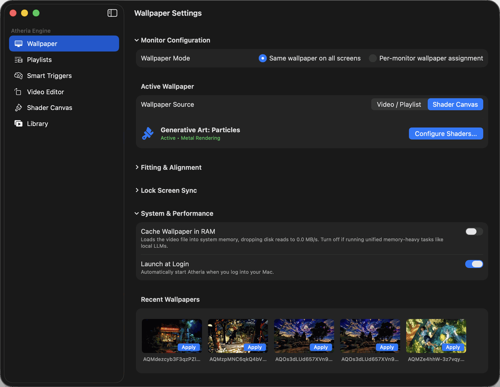 Atheria Wallpaper Settings window on macOS